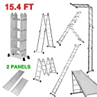 Finether 15.4ft Heavy Duty Multi Purpose Aluminum Folding Extension Ladder with Safety Locking Hinges and 2 Panels 330lb Capacity (New Non-slip Mat and Wheels for Free)